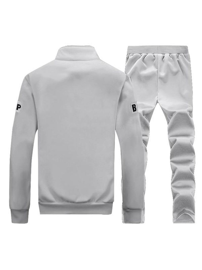 Men'S Letter Print Zip up Sweatshirt & Drawstring Waist Sweatpants Set, Casual Funnel Neck Long Sleeve Outerwear & Pocket Jogger Pants for Spring & Fall