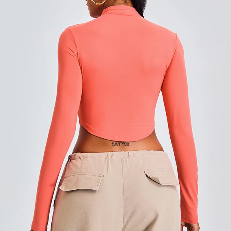 New Sexy Women Crop Tops Yoga T-Shirts Sports Top Long Sleeve Running Shirts Exposed Navel Quick Dry Fitness Gym Sport Wear