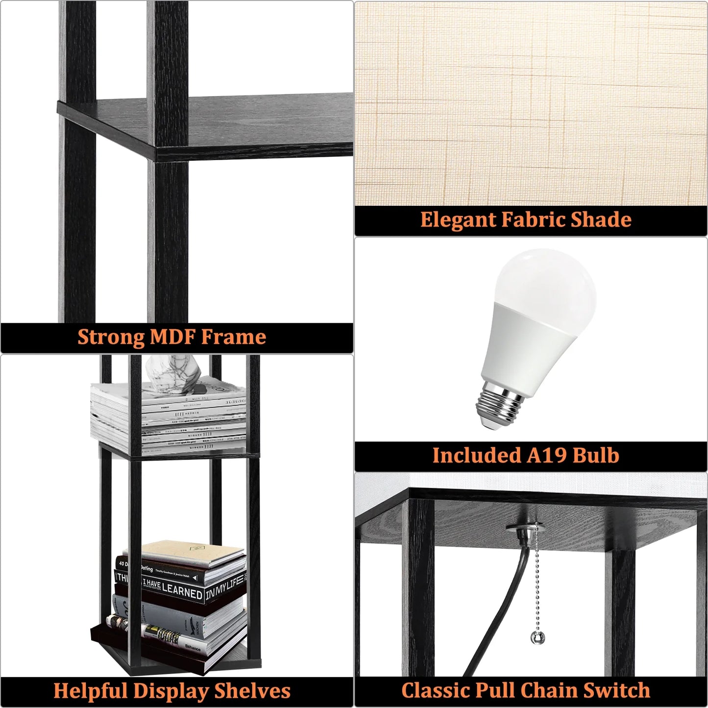 63" Shelf Floor Lamps with Shelves for Living Room Bedroom Office Wood Modern Standing Lamps Black
