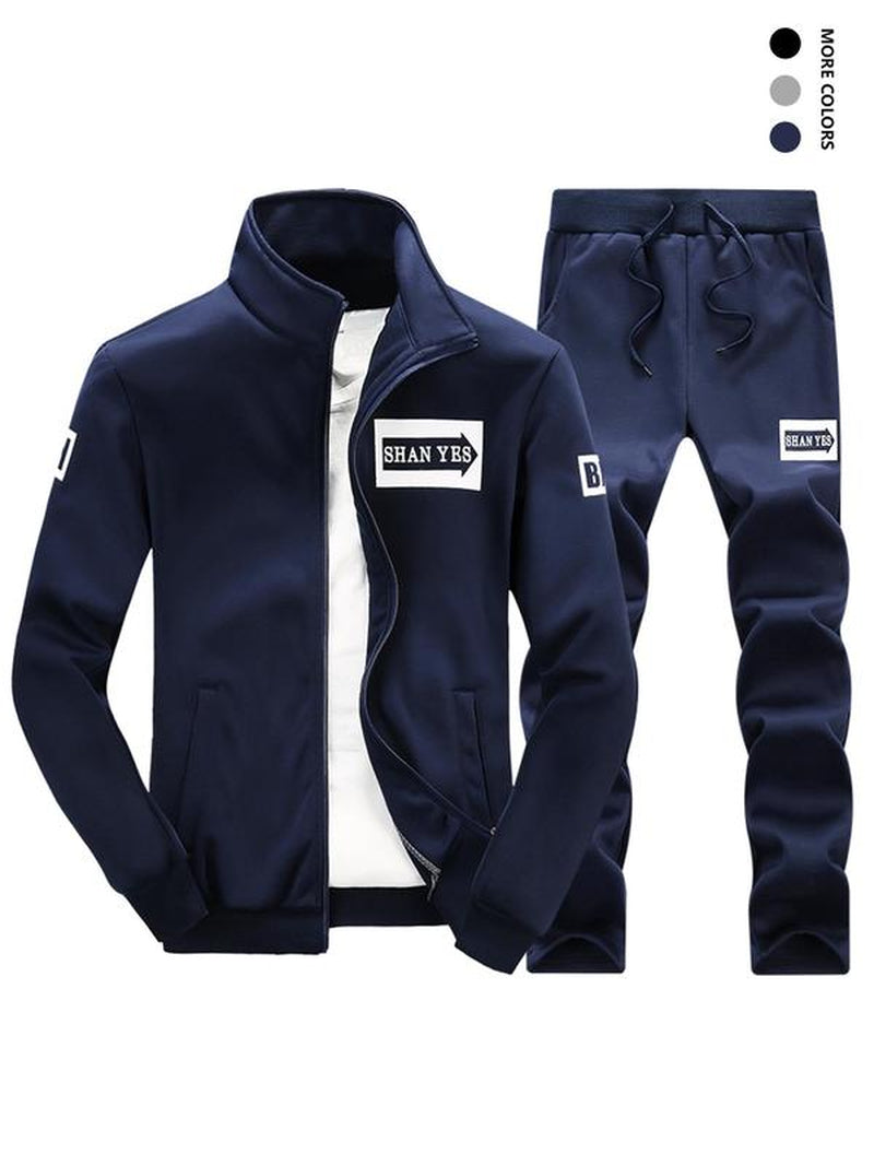 Men'S Letter Print Zip up Sweatshirt & Drawstring Waist Sweatpants Set, Casual Funnel Neck Long Sleeve Outerwear & Pocket Jogger Pants for Spring & Fall
