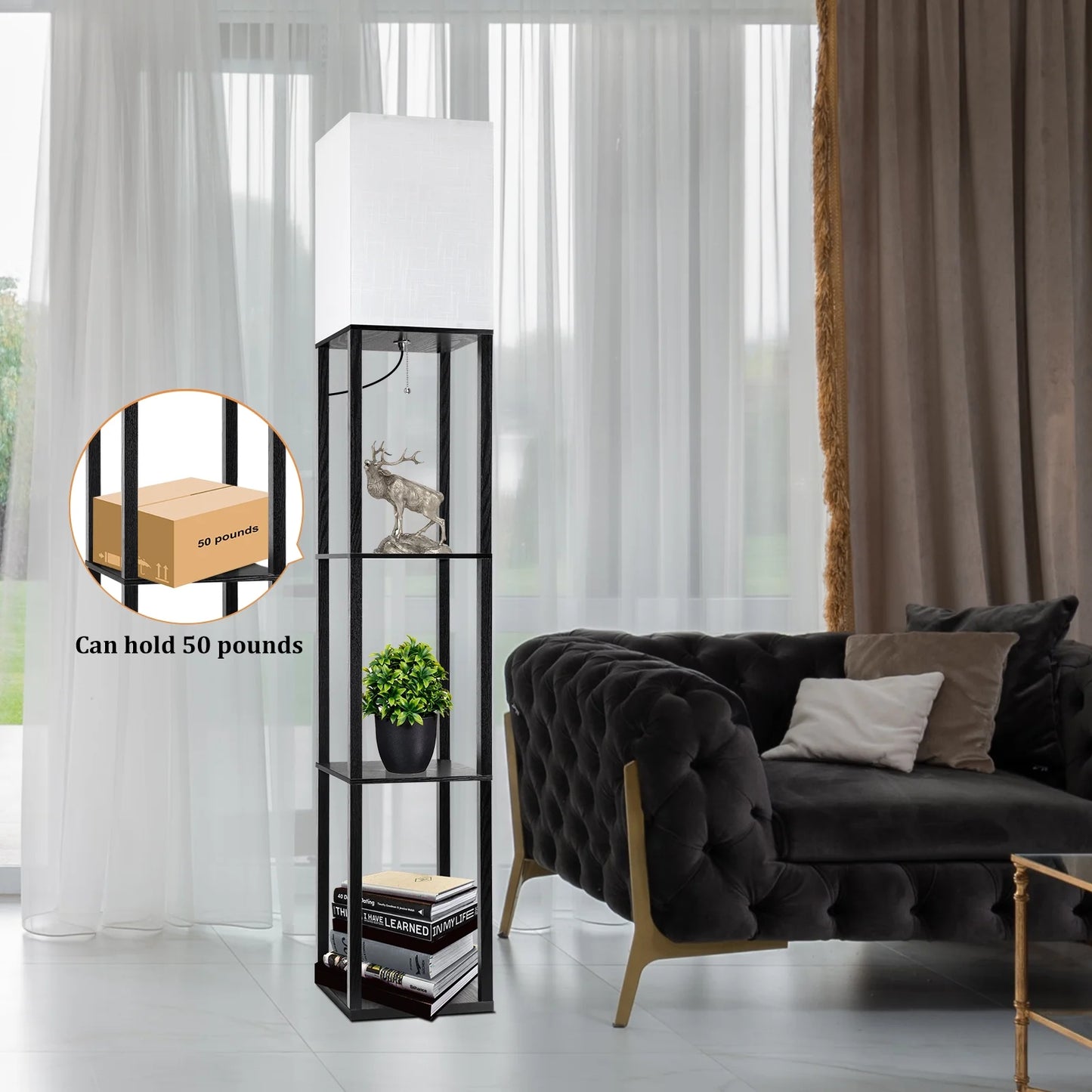 63" Shelf Floor Lamps with Shelves for Living Room Bedroom Office Wood Modern Standing Lamps Black