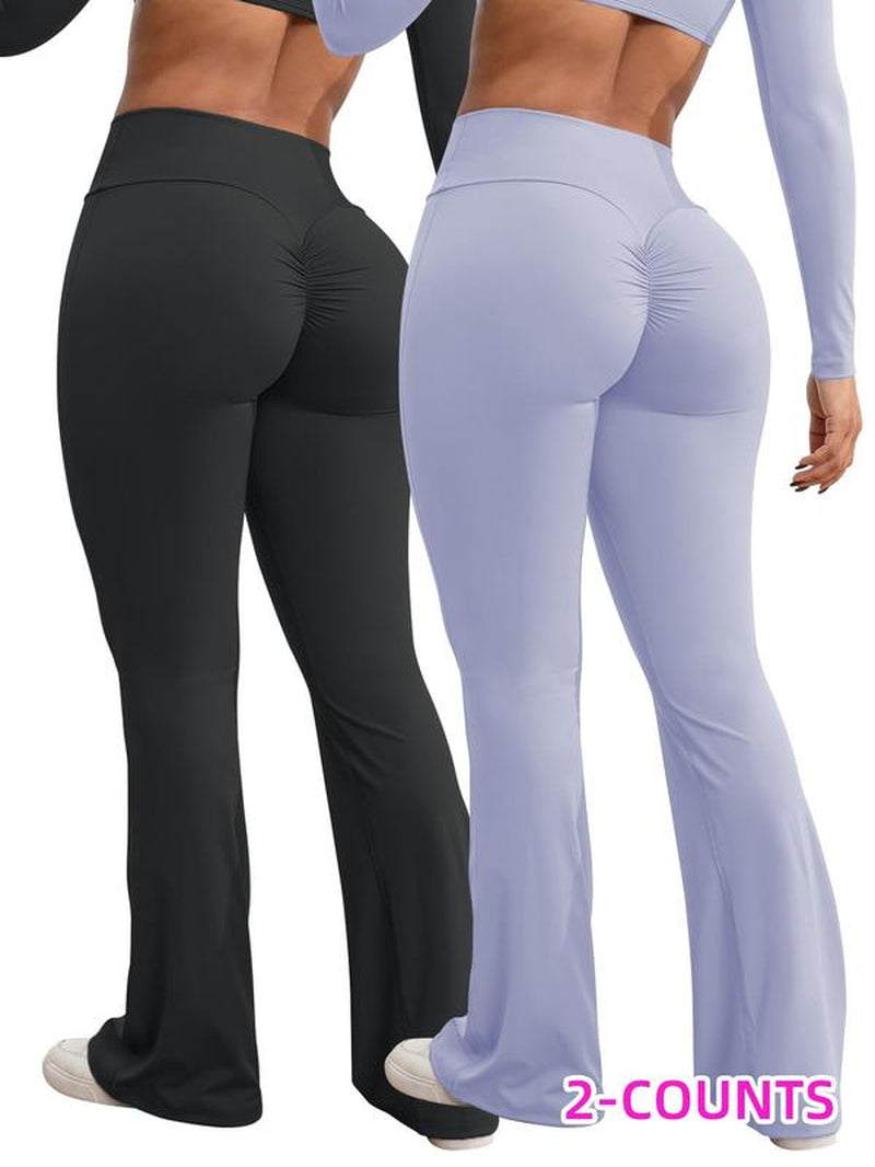 Women'S Solid High Waist Ruched Sports Tummy Control Leggings, Sporty Comfy High Stretch Flare Leg Leggings, Ladies Sportswear for Yoga Gym Yoga Workout