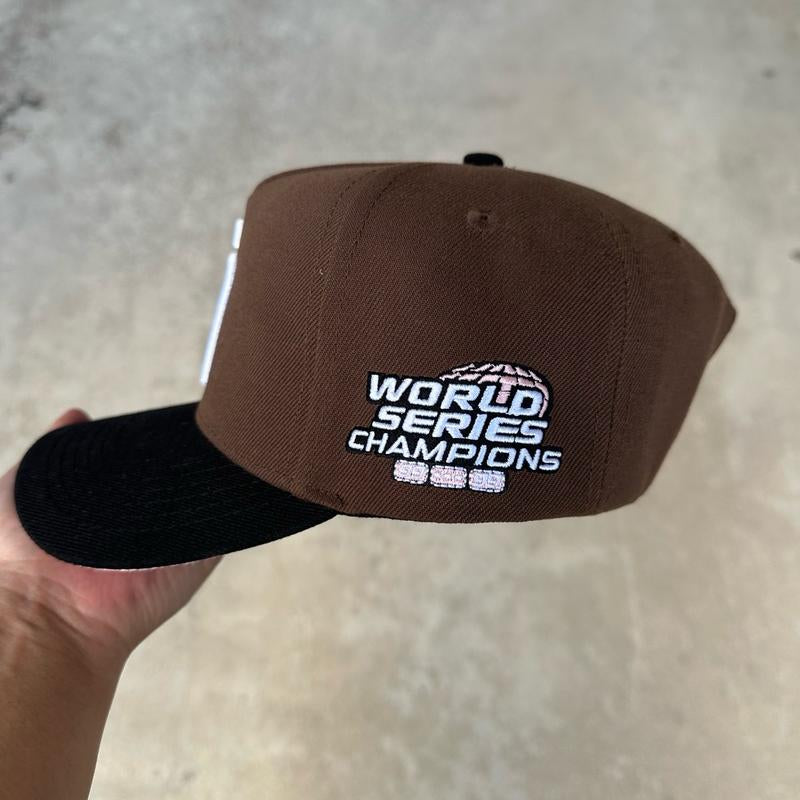 SATIN PINK under BRIM HYBRID SD CUSTOM WS CHAMPS HAT SNAPBACK BROWN/BLACK