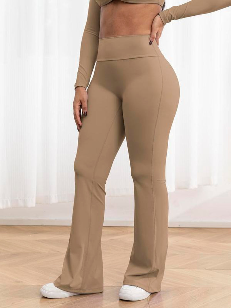 Women'S Solid High Waist Ruched Sports Tummy Control Leggings, Sporty Comfy High Stretch Flare Leg Leggings, Ladies Sportswear for Yoga Gym Yoga Workout