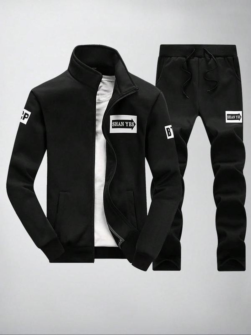 Men'S Letter Print Zip up Sweatshirt & Drawstring Waist Sweatpants Set, Casual Funnel Neck Long Sleeve Outerwear & Pocket Jogger Pants for Spring & Fall