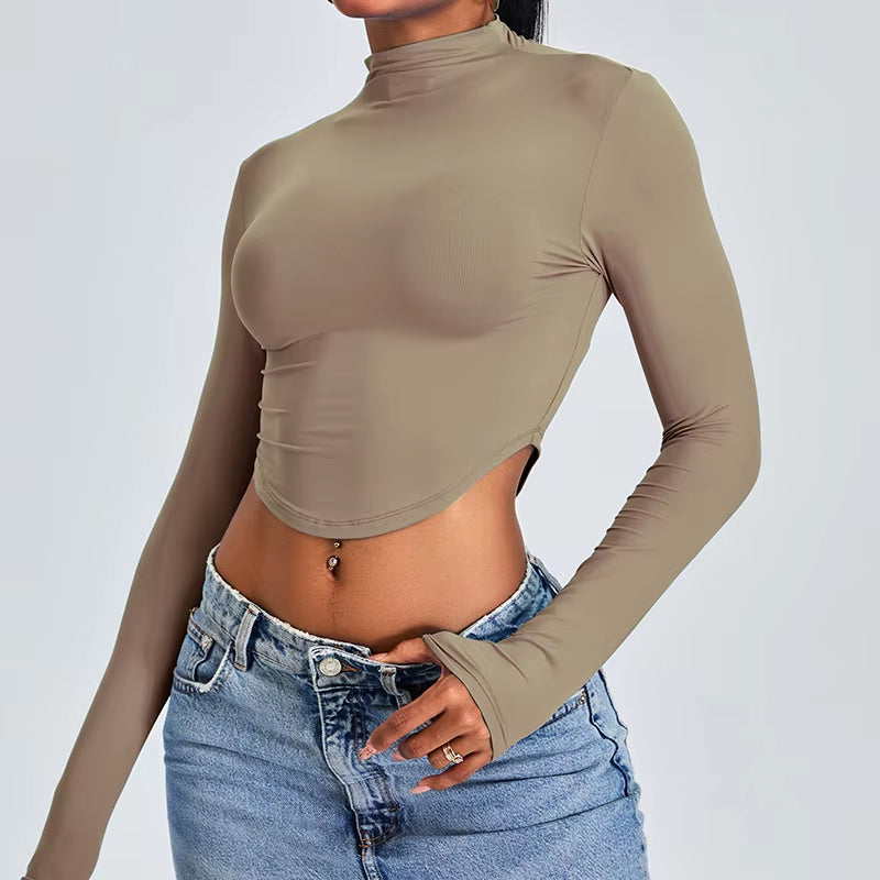 New Sexy Women Crop Tops Yoga T-Shirts Sports Top Long Sleeve Running Shirts Exposed Navel Quick Dry Fitness Gym Sport Wear