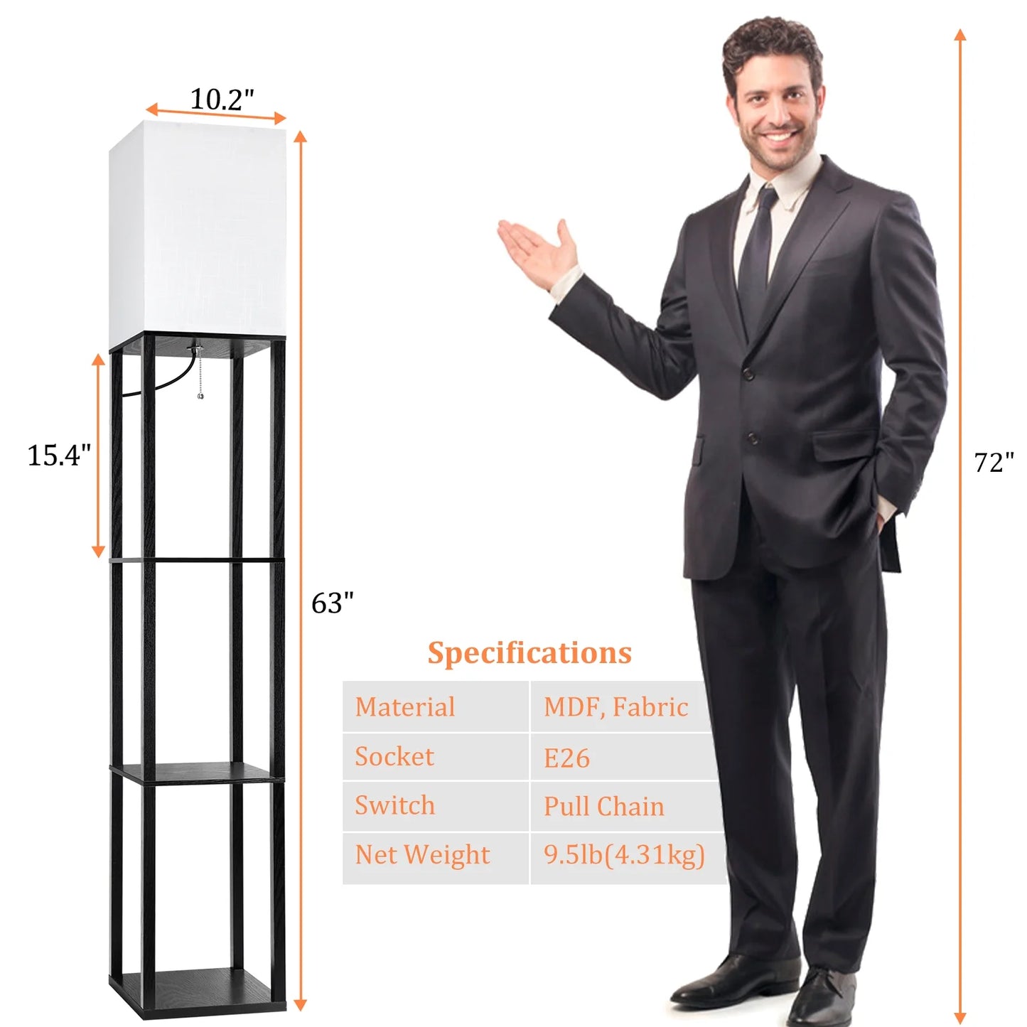63" Shelf Floor Lamps with Shelves for Living Room Bedroom Office Wood Modern Standing Lamps Black