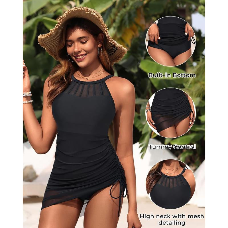 Womens Swim Dress One Piece - Swimsuit with Skirt Tummy Control Bathing Suit High Neck Mesh Swimwear 2025 Dealsforyoudays