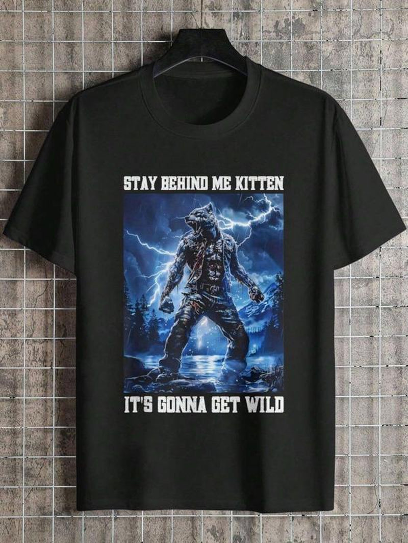 Stay behind Me Kitten Crying Werewolf Meme Crying Alpha Wolf Vintage Graphic T-Shirt, Short Sleeve T-Shirts ,Funny Graphic Tees, Menswear Top