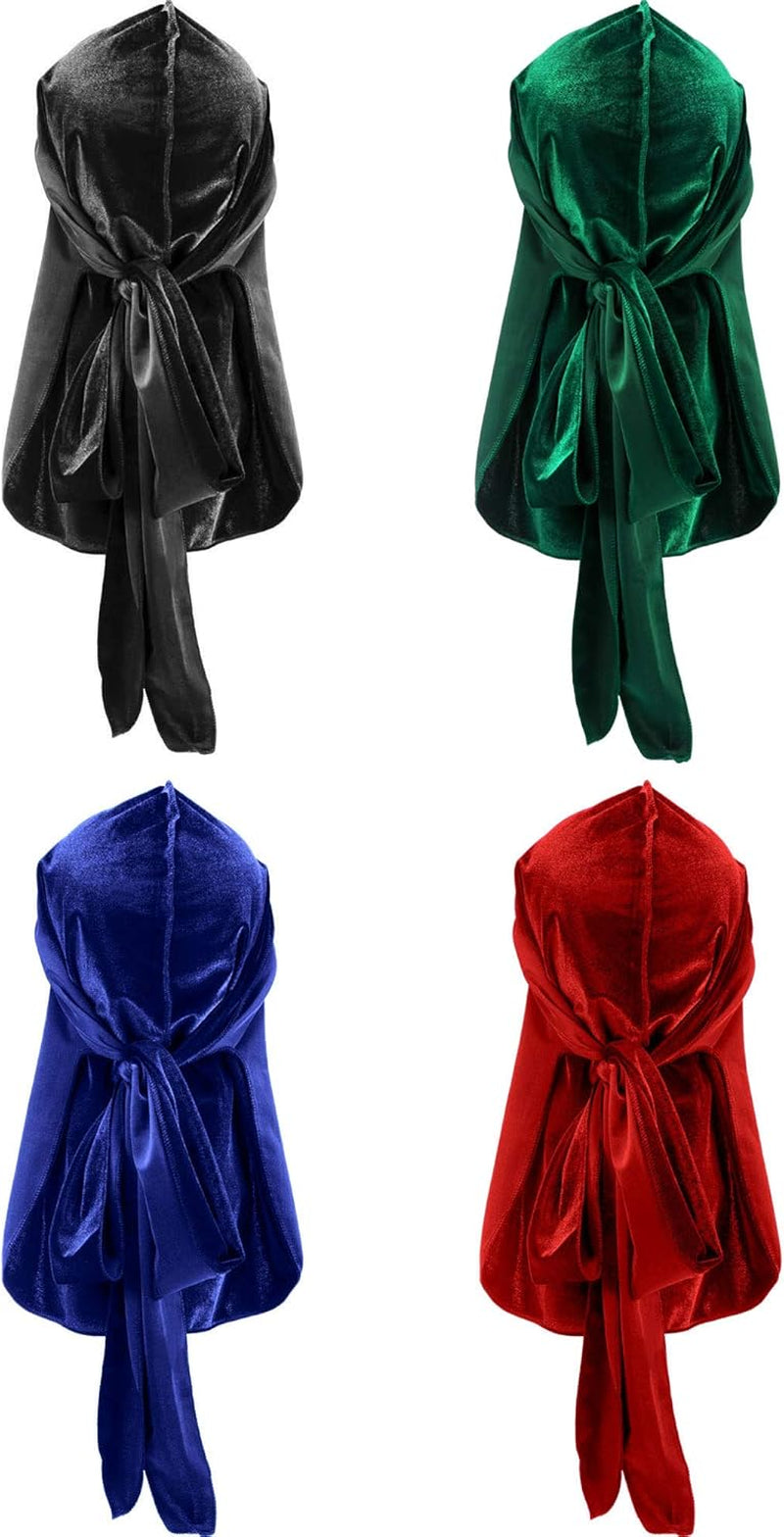 4 Pieces Men'S Velvet Durag with Long Tail Soft Durag Headwraps for 360 Waves