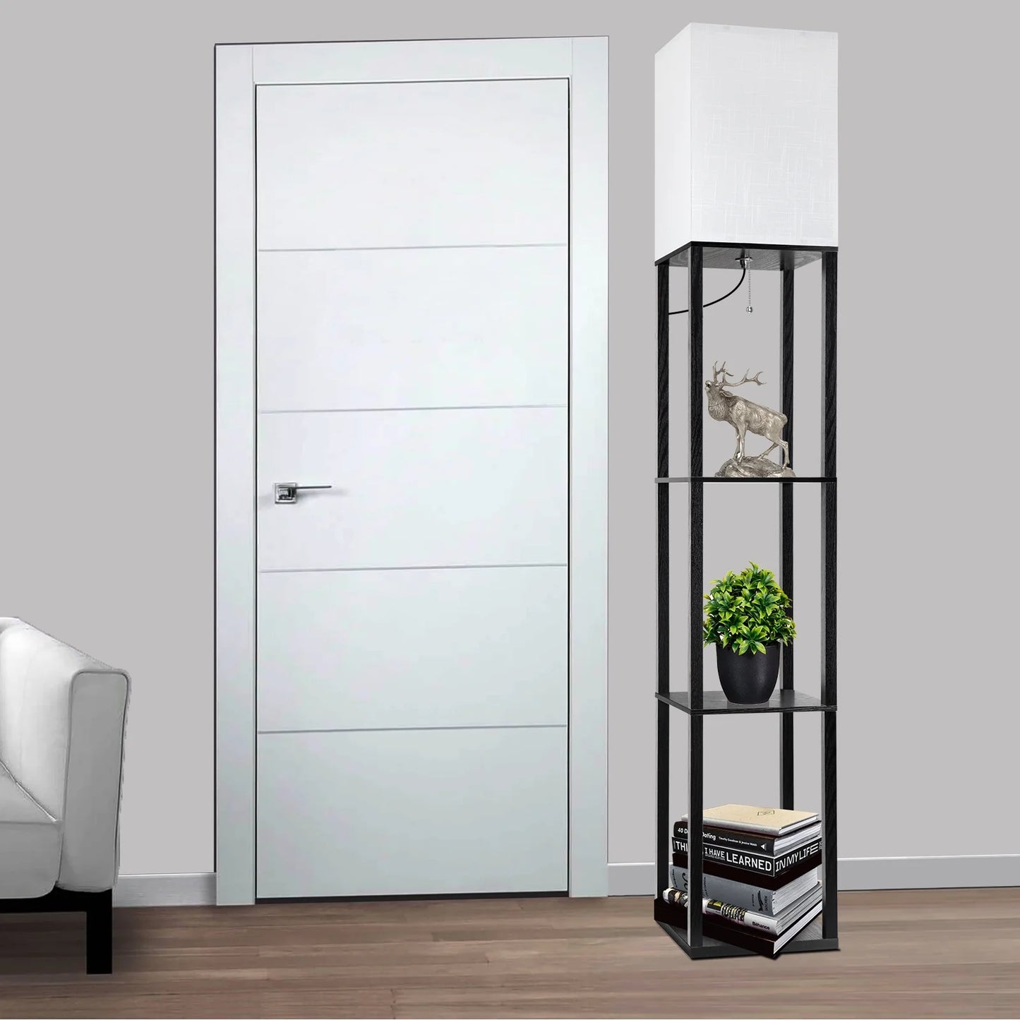 63" Shelf Floor Lamps with Shelves for Living Room Bedroom Office Wood Modern Standing Lamps Black