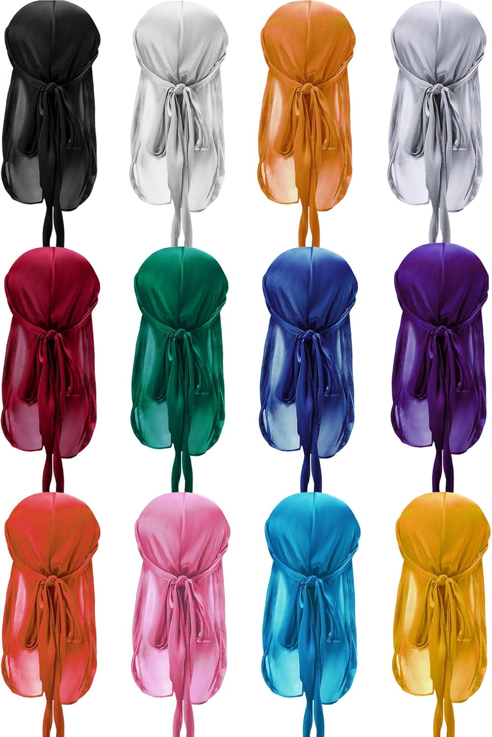 12 Pieces Silky Durag Caps Soft Long Tail Headscarf Elastic Wide Straps Headwraps for Women Men Favors, 12 Colors