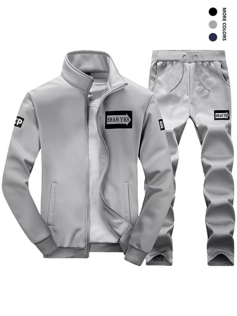 Men'S Letter Print Zip up Sweatshirt & Drawstring Waist Sweatpants Set, Casual Funnel Neck Long Sleeve Outerwear & Pocket Jogger Pants for Spring & Fall