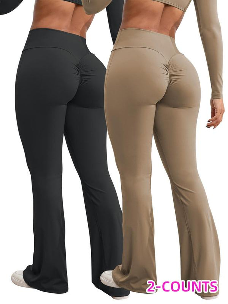 Women'S Solid High Waist Ruched Sports Tummy Control Leggings, Sporty Comfy High Stretch Flare Leg Leggings, Ladies Sportswear for Yoga Gym Yoga Workout