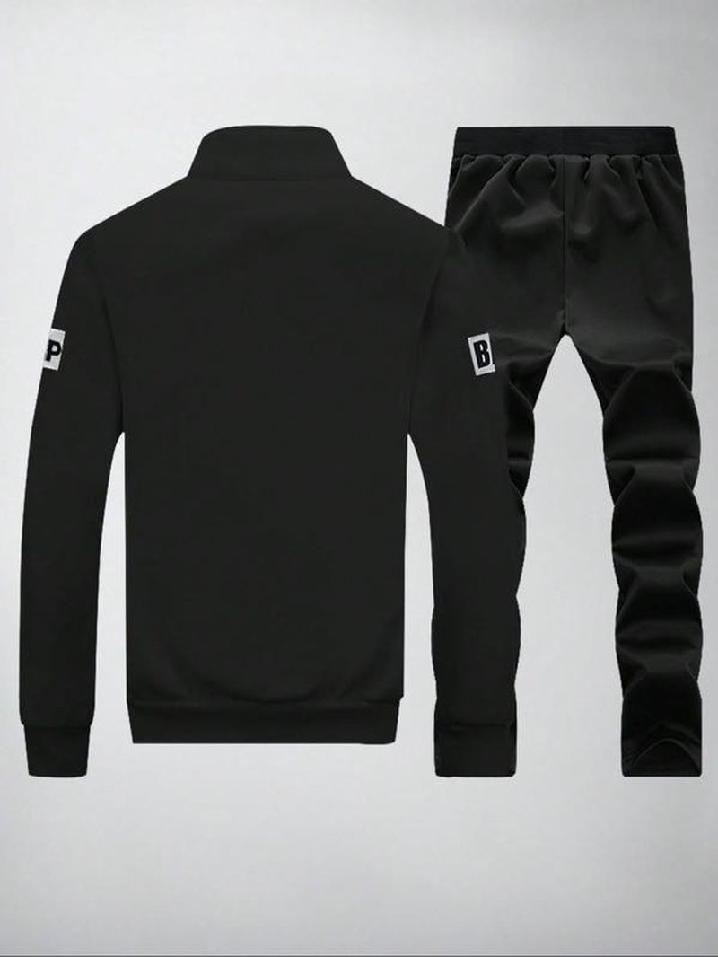 Men'S Letter Print Zip up Sweatshirt & Drawstring Waist Sweatpants Set, Casual Funnel Neck Long Sleeve Outerwear & Pocket Jogger Pants for Spring & Fall