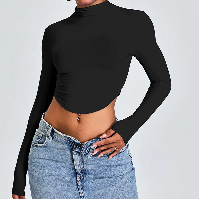 New Sexy Women Crop Tops Yoga T-Shirts Sports Top Long Sleeve Running Shirts Exposed Navel Quick Dry Fitness Gym Sport Wear