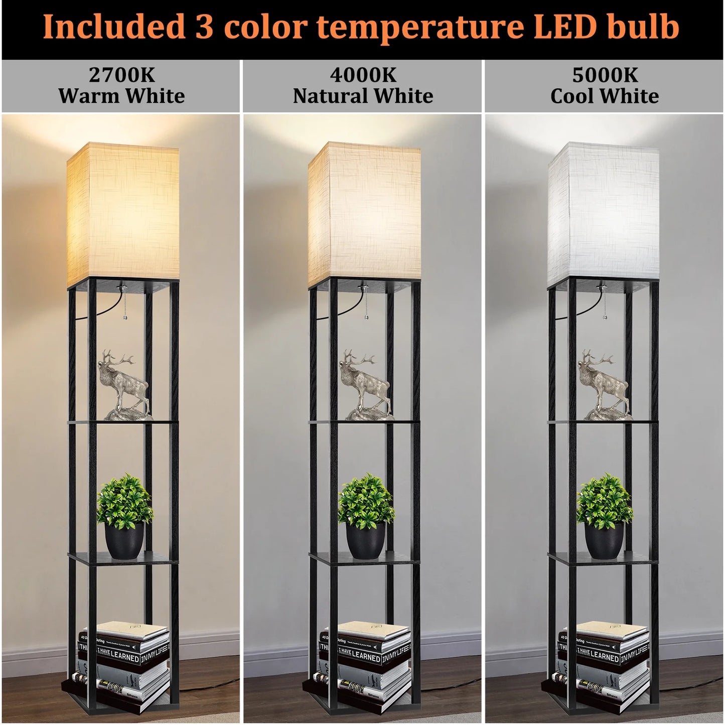 63" Shelf Floor Lamps with Shelves for Living Room Bedroom Office Wood Modern Standing Lamps Black