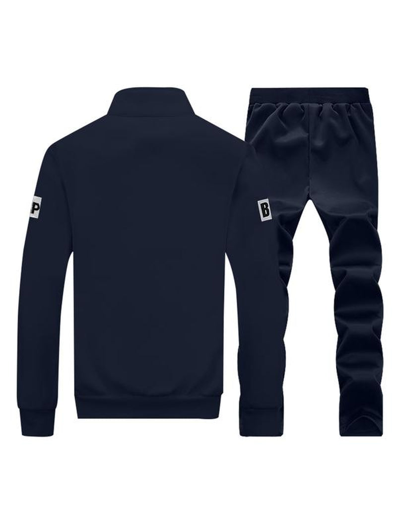 Men'S Letter Print Zip up Sweatshirt & Drawstring Waist Sweatpants Set, Casual Funnel Neck Long Sleeve Outerwear & Pocket Jogger Pants for Spring & Fall