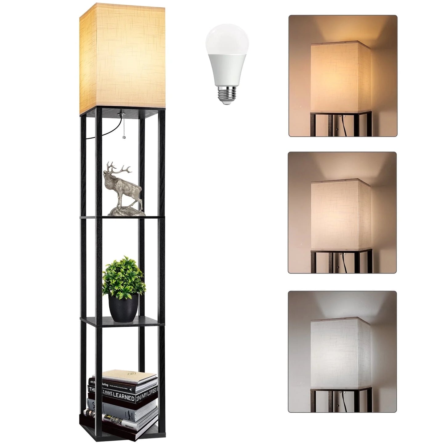 63" Shelf Floor Lamps with Shelves for Living Room Bedroom Office Wood Modern Standing Lamps Black