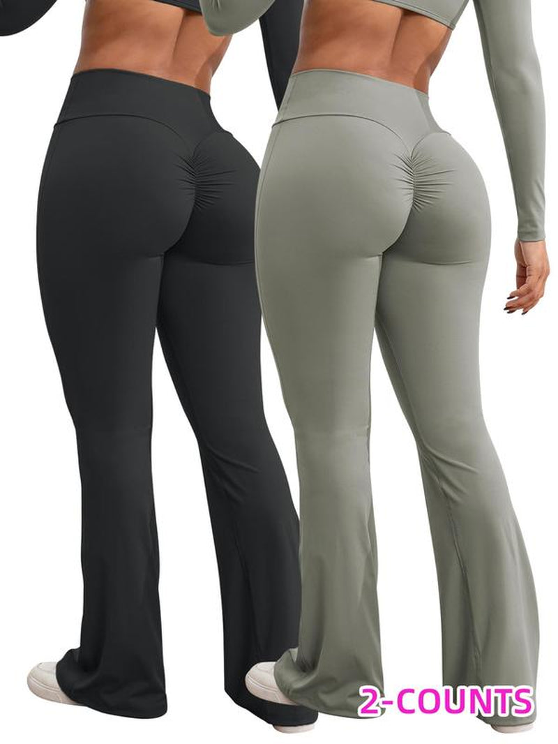 Women'S Solid High Waist Ruched Sports Tummy Control Leggings, Sporty Comfy High Stretch Flare Leg Leggings, Ladies Sportswear for Yoga Gym Yoga Workout