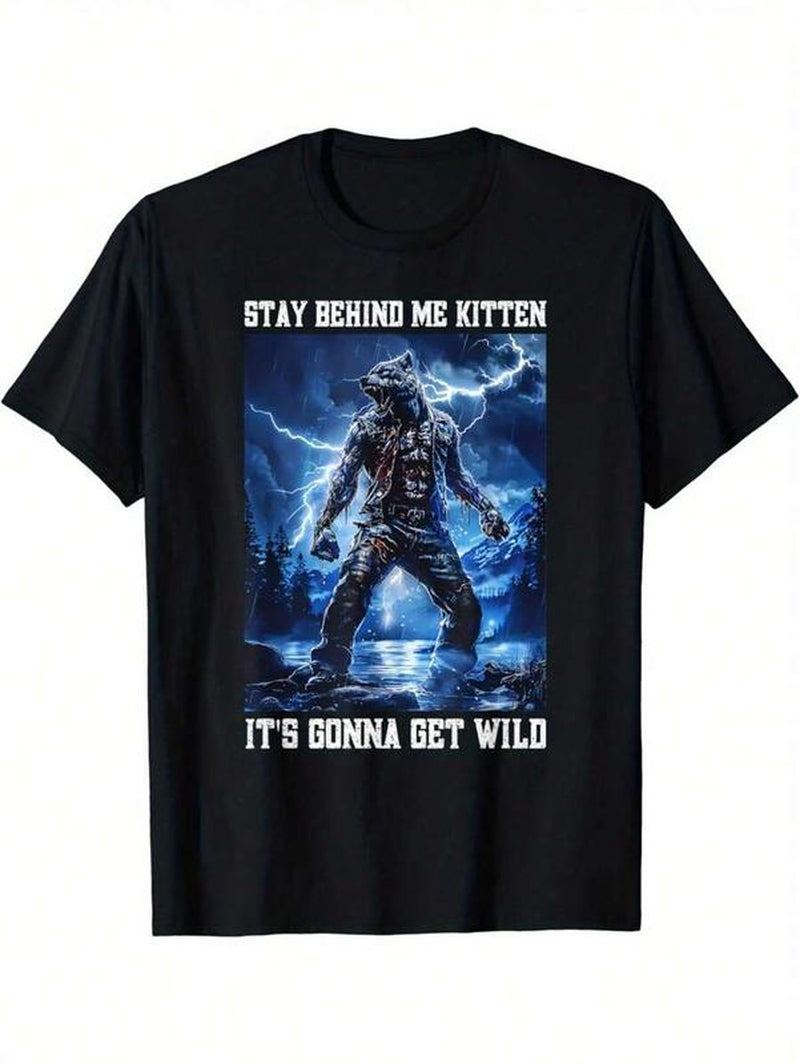 Stay behind Me Kitten Crying Werewolf Meme Crying Alpha Wolf Vintage Graphic T-Shirt, Short Sleeve T-Shirts ,Funny Graphic Tees, Menswear Top