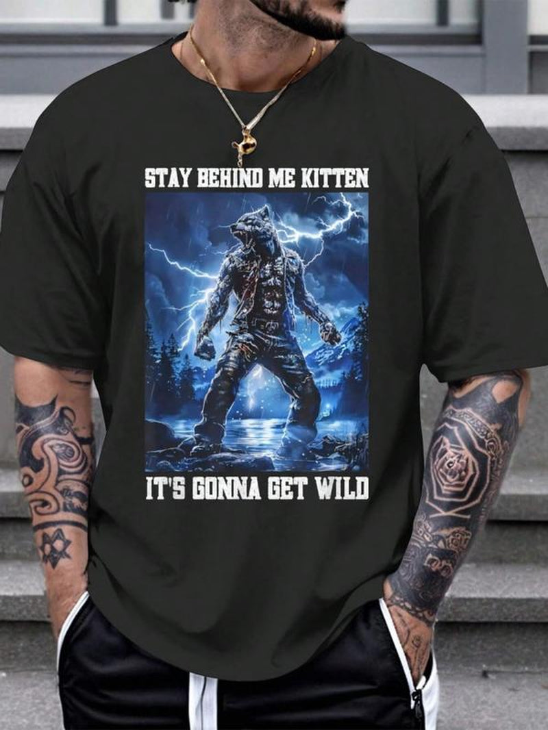 Stay behind Me Kitten Crying Werewolf Meme Crying Alpha Wolf Vintage Graphic T-Shirt, Short Sleeve T-Shirts ,Funny Graphic Tees, Menswear Top