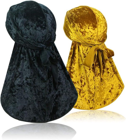 2 PCS Crushed Velvet Wave Durag – Premium Soft Durag Headwear with Extra Long Tail Perfect for 360 Waves