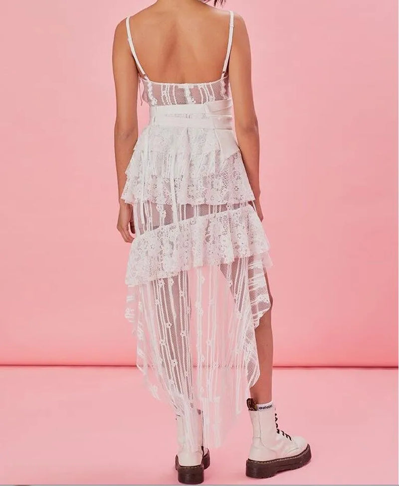 S-E-Lf-P-T White Irregular Lace Perspective Strap Long Dress