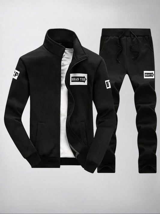 Men'S Letter Print Zip up Sweatshirt & Drawstring Waist Sweatpants Set, Casual Funnel Neck Long Sleeve Outerwear & Pocket Jogger Pants for Spring & Fall