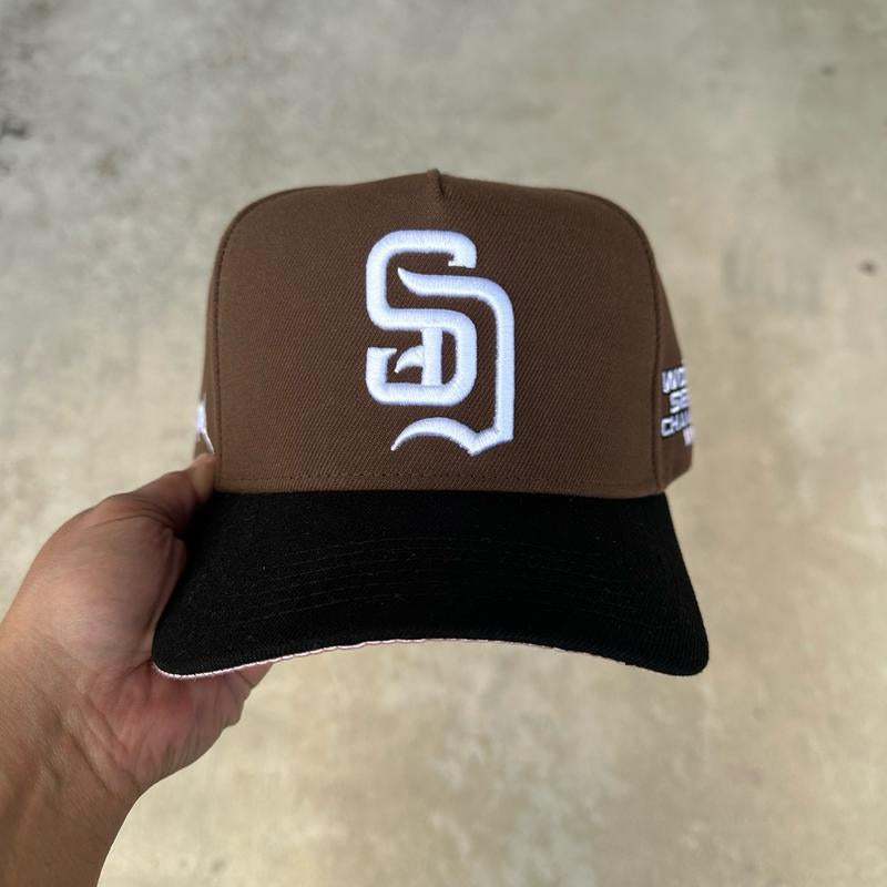 SATIN PINK under BRIM HYBRID SD CUSTOM WS CHAMPS HAT SNAPBACK BROWN/BLACK