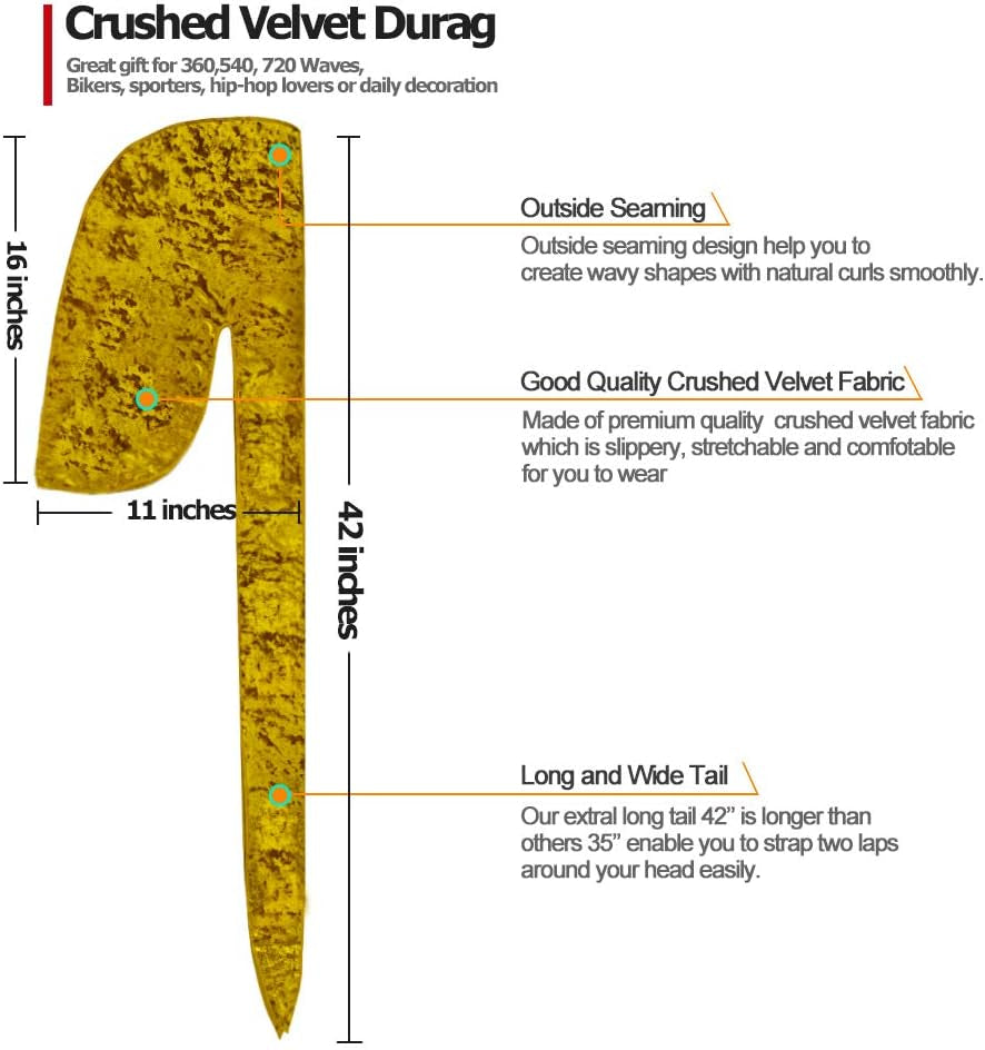 2 PCS Crushed Velvet Wave Durag – Premium Soft Durag Headwear with Extra Long Tail Perfect for 360 Waves