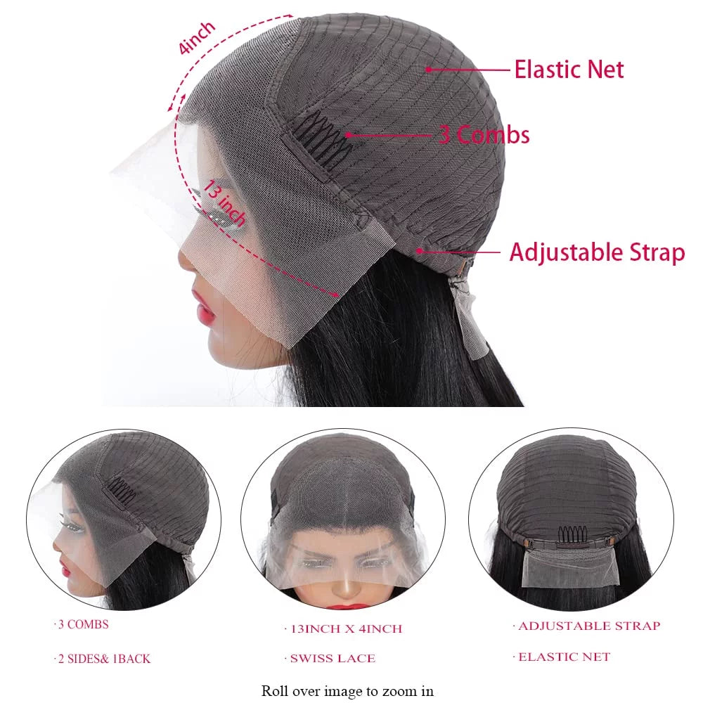 Brazilian Hair Wigs Straight 13X4 Lace Front Wigs Human Hair Lace Frontal Human Hair Wigs for Blak Women 180 Density Pre Plucked Remy Virgin Hair Natural Black Color 26 Inch