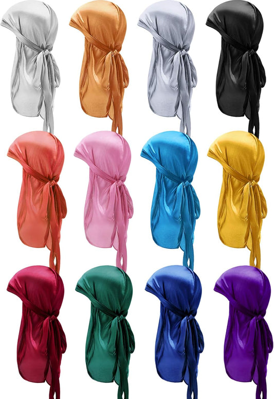 12 Pieces Silky Durag Caps Soft Long Tail Headscarf Elastic Wide Straps Headwraps for Women Men Favors, 12 Colors