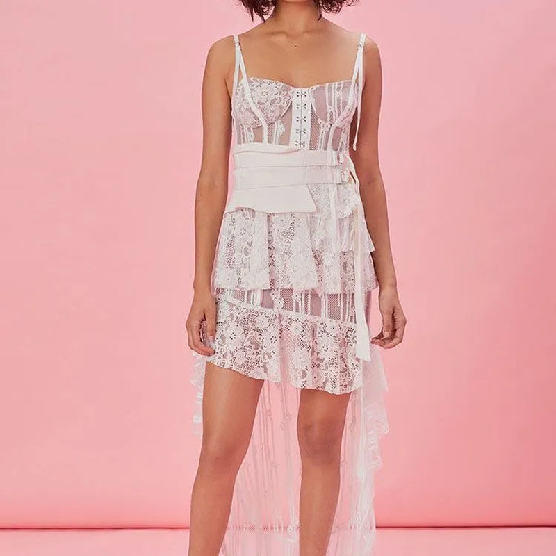 S-E-Lf-P-T White Irregular Lace Perspective Strap Long Dress