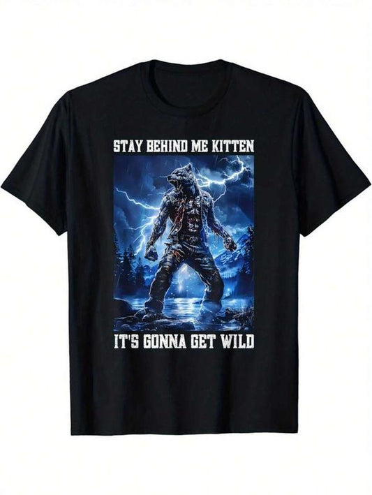 Stay behind Me Kitten Crying Werewolf Meme Crying Alpha Wolf Vintage Graphic T-Shirt, Short Sleeve T-Shirts ,Funny Graphic Tees, Menswear Top