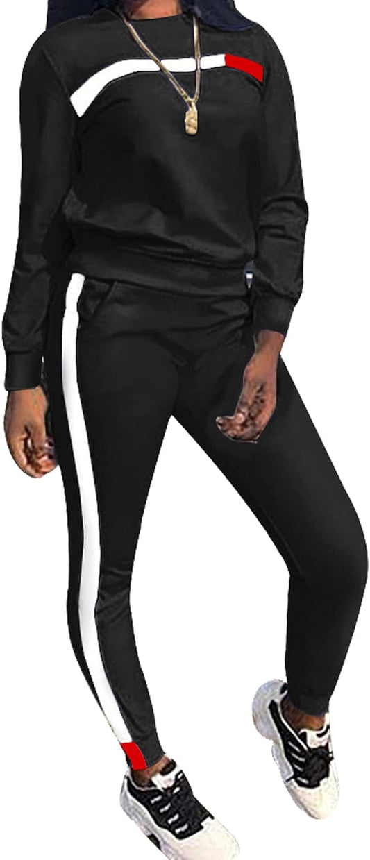 2 Piece Outfits for Women Sexy Stripe Sweatsuits Casual O-Neck Long Sleeve T-Shirt Skinny Pants Sports Set Fall