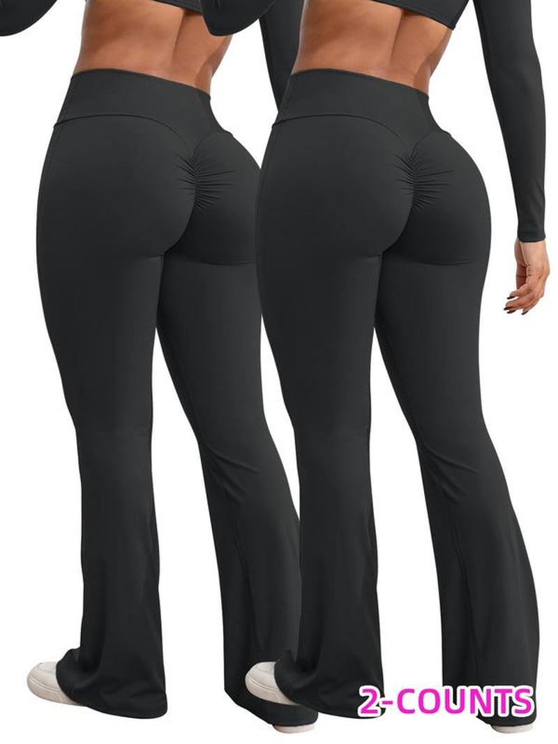 Women'S Solid High Waist Ruched Sports Tummy Control Leggings, Sporty Comfy High Stretch Flare Leg Leggings, Ladies Sportswear for Yoga Gym Yoga Workout