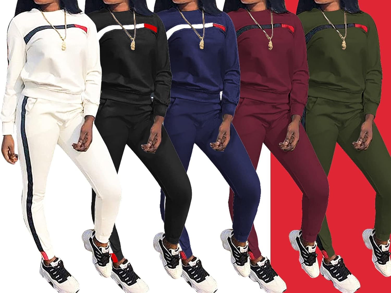 2 Piece Outfits for Women Sexy Stripe Sweatsuits Casual O-Neck Long Sleeve T-Shirt Skinny Pants Sports Set Fall