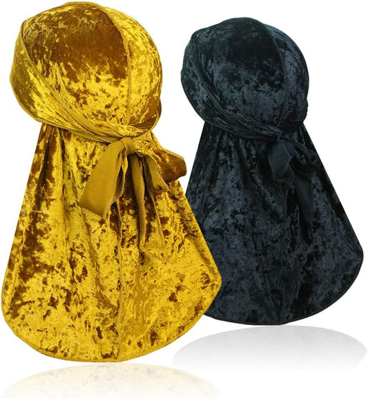 2 PCS Crushed Velvet Wave Durag – Premium Soft Durag Headwear with Extra Long Tail Perfect for 360 Waves